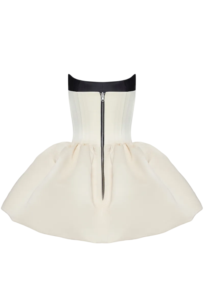 Violet two-sided mini dress by Balykina, shown from front and back, featuring a stylish two-tone design and fitted silhouette.