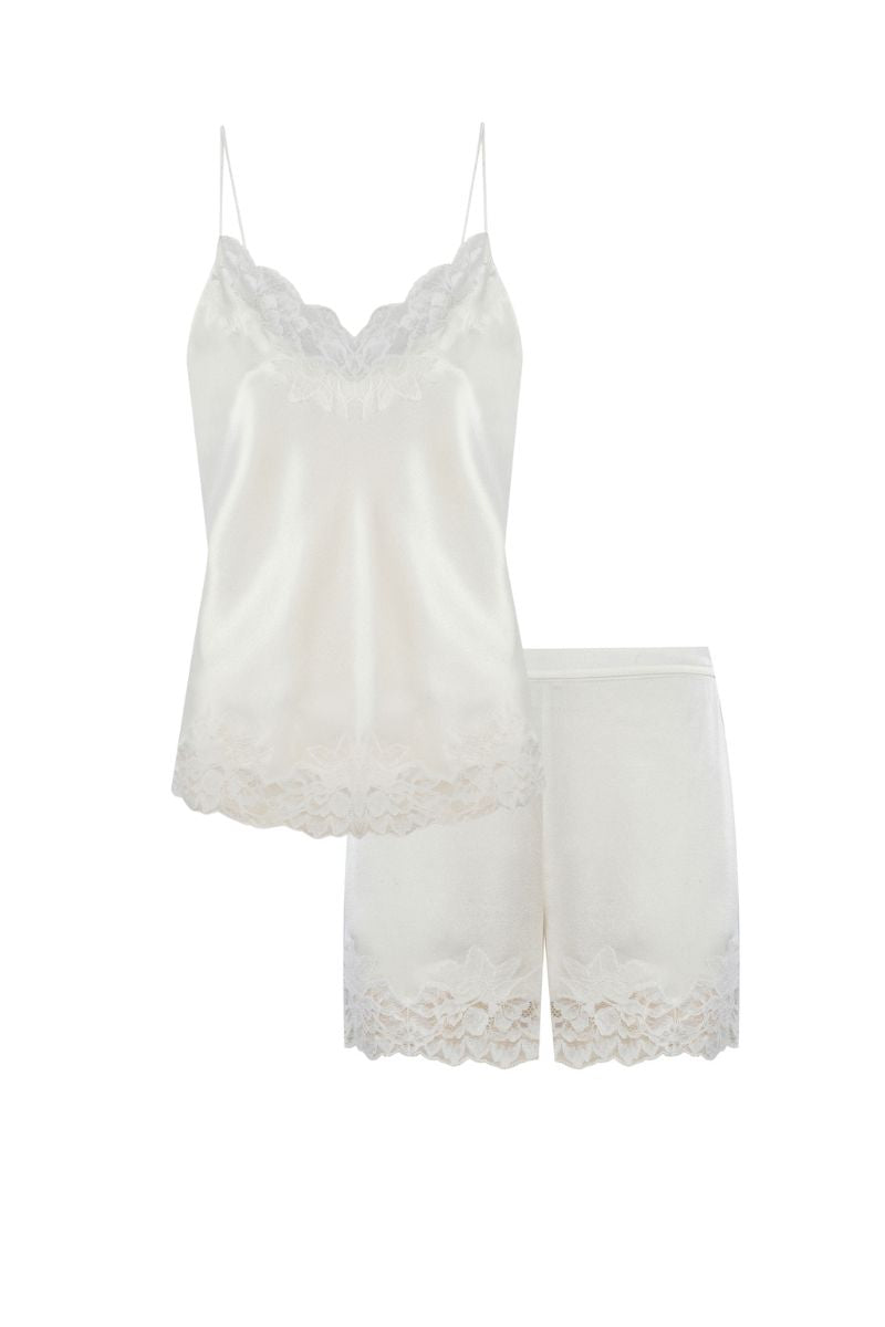 Bocan Couture Georgia off white pajama cami and shorts set, soft and comfortable sleepwear with a relaxed fit.