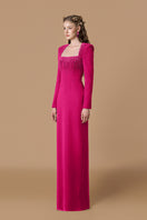 Pink crepe de chine silk-lined gown by I.H.F, featuring elegant fabric and flowing silhouette, shown on a dress form.