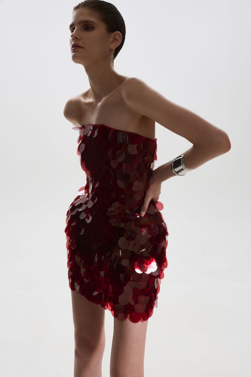 BalYKina burgundy mini dress from the NINO collection, featuring a stylish fit and elegant design.
