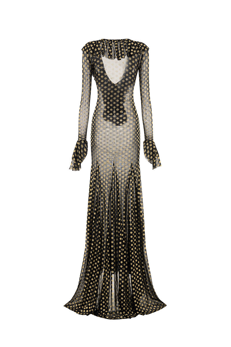 black mesh mermaid dress Miss Circle Women's Emberly Black Fur Trimmed Off-Shoulder Rhinestone Mermaid Maxi Dress
