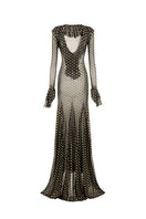 Black Valenciani mermaid mesh maxi dress with fitted silhouette and flowing fabric, perfect for elegant occasions.