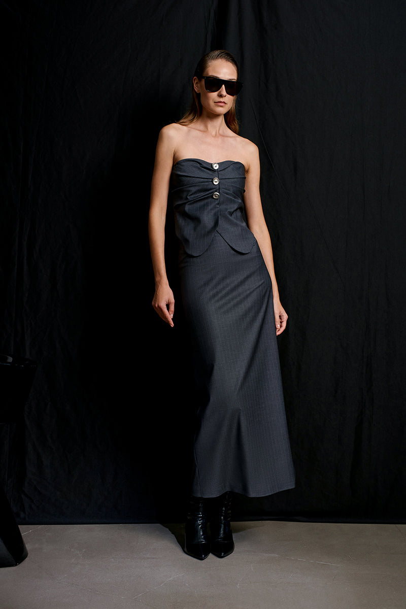 Gray striped Stardust pencil skirt by Acaria Studio, midi length with fitted silhouette and stylish pattern.