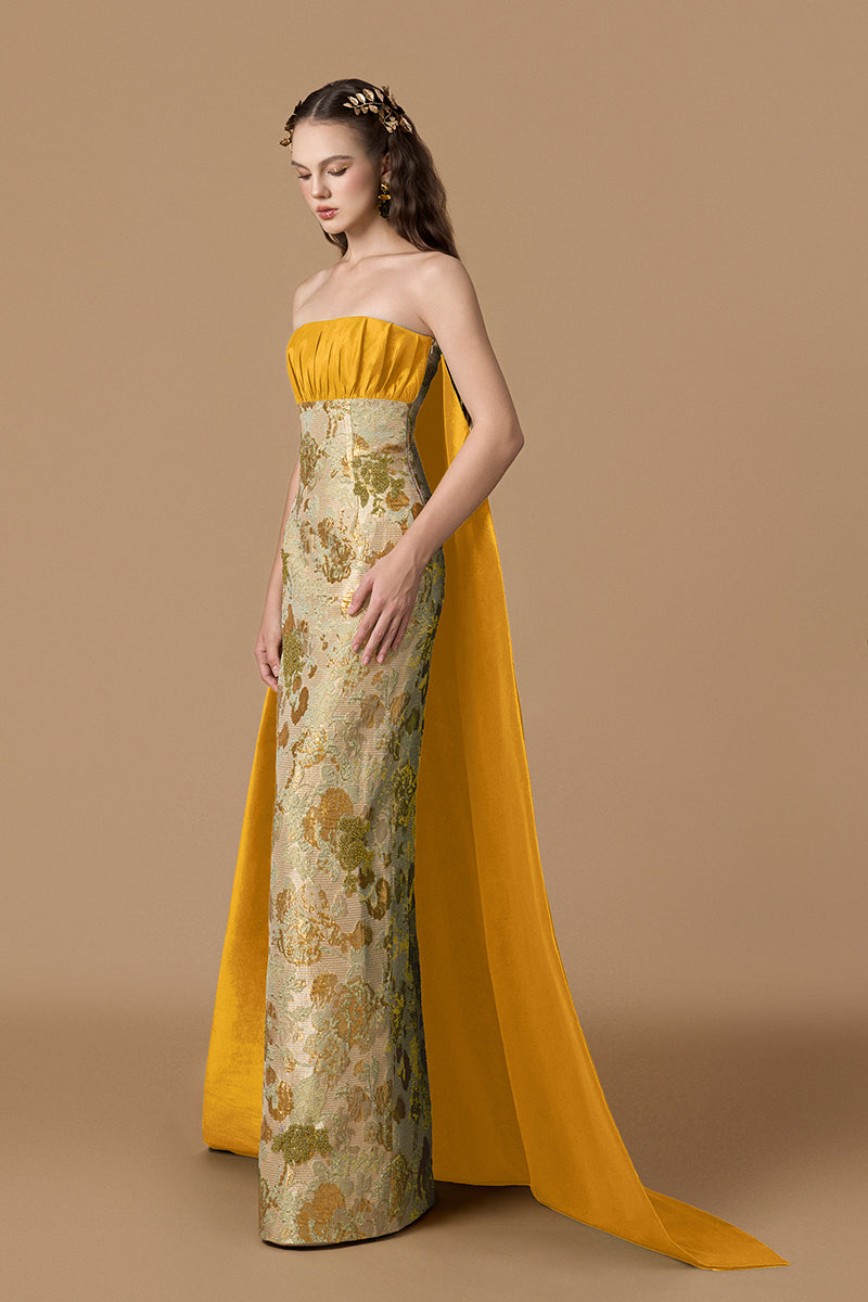 FLORAL METALLIC JACQUARD AND TAFFETA SILK LINED IN GOLD | CULT MIA FLORAL METALLIC JACQUARD AND TAFFETA SILK LINED IN GOLD | CULT MIA