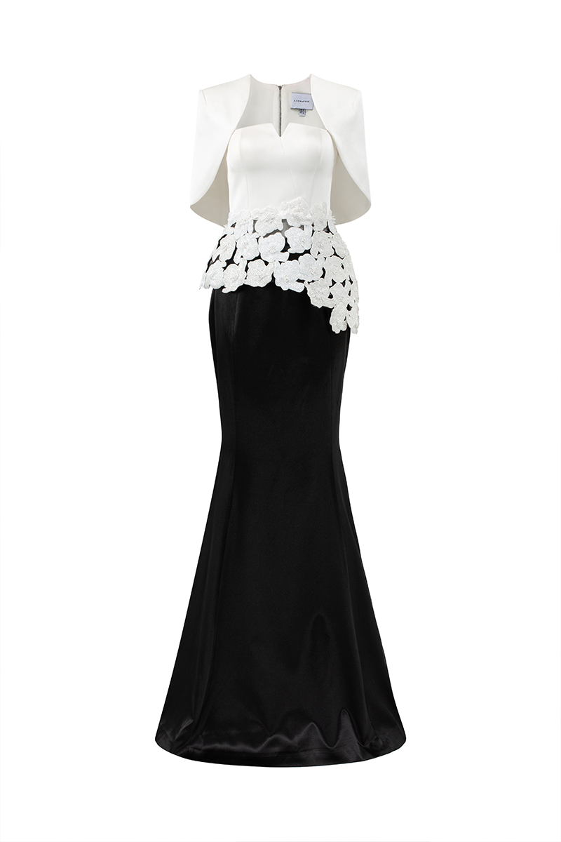 Lune De Soie pearl taffeta co-ord dress and cape set featuring a fitted dress with a matching elegant cape, perfect for formal occasions.