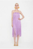 Valenciani lilac fringe midi dress with all-over fringe detailing, flowing silhouette, and sleeveless design.