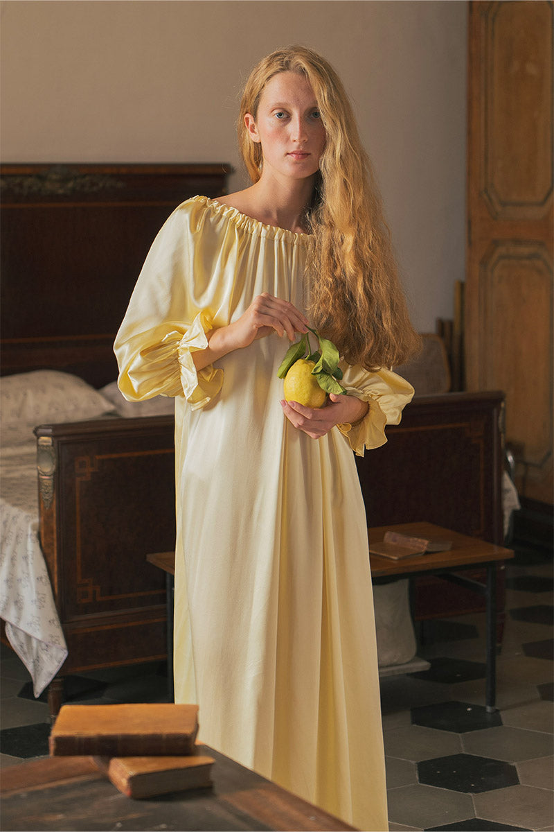 Brown silk custom gown robe by Not Just Pajama, featuring smooth fabric and a relaxed fit, displayed on a neutral background.
