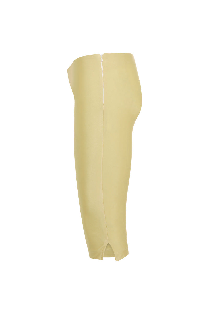 Suncillo dusty butter yellow capris pants with a relaxed fit, displayed on a hanger with a plain background.