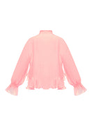 OvertheSea splash pink blouse, a stylish women's top with a vibrant, flowy design and ruffled details.
