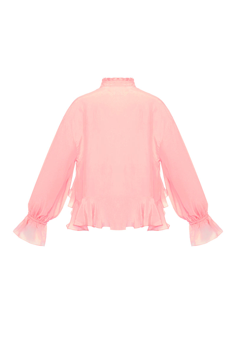 OvertheSea splash pink blouse, a stylish women's top with a vibrant, flowy design and ruffled details.
