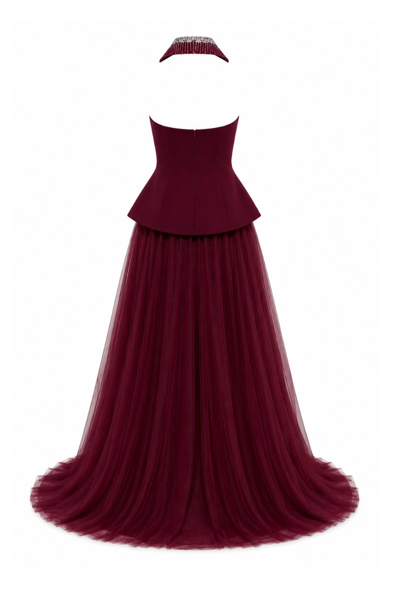 Lili Blanc burgundy floor-length evening gown with elegant draping and sleeveless design, perfect for formal occasions.