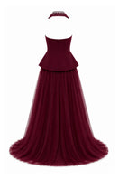 Lili Blanc burgundy floor-length evening gown with elegant draping and sleeveless design, perfect for formal occasions.