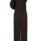 JINSUN FILANTE brown wool jumpsuit with long sleeves, fitted waist, and wide-leg pants, displayed on a hanger.