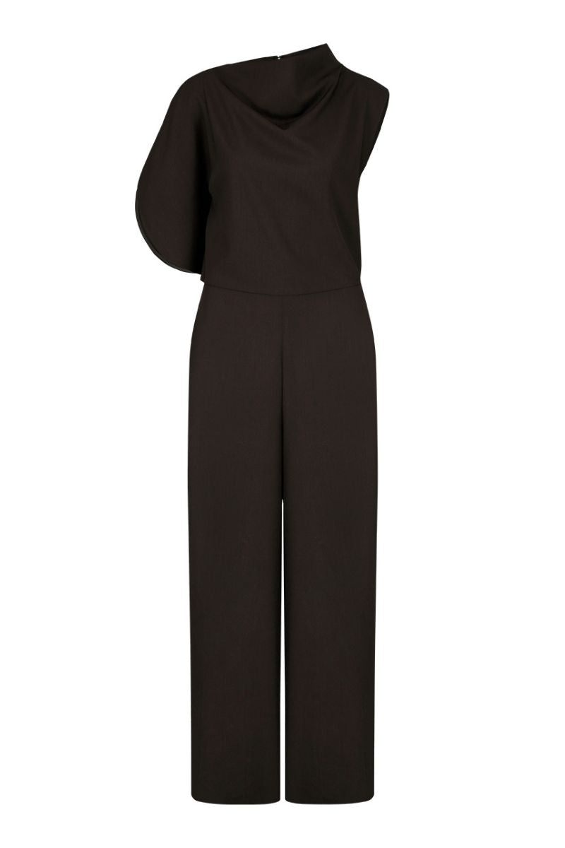JINSUN FILANTE brown wool jumpsuit with long sleeves, fitted waist, and wide-leg pants, displayed on a hanger.