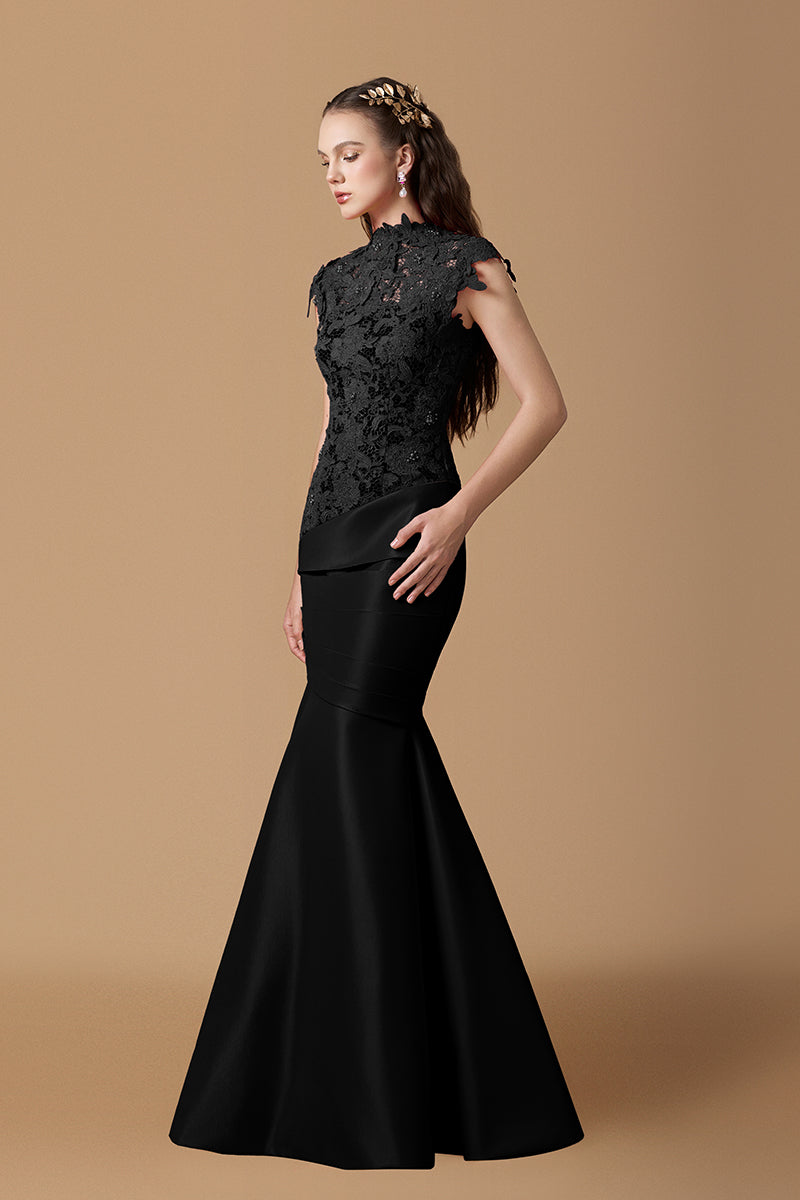 Black gown by I.H.F with guipure lace and taffeta silk lining, featuring elegant design and intricate lace details.
