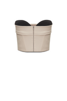 Beige wool mini corset top by ELENAREVA showing a fitted, stylish sleeveless design with textured wool fabric.