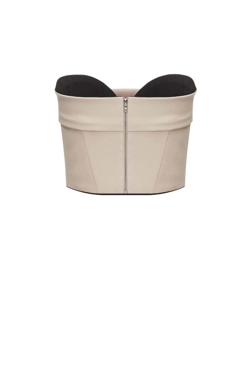 Beige wool mini corset top by ELENAREVA showing a fitted, stylish sleeveless design with textured wool fabric.