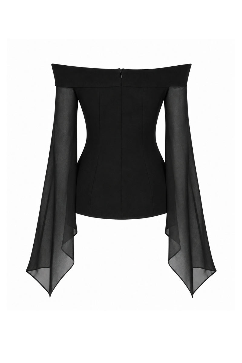 Lili Blanc Flow Veil Top featuring lightweight, sheer fabric with flowing design and delicate details.