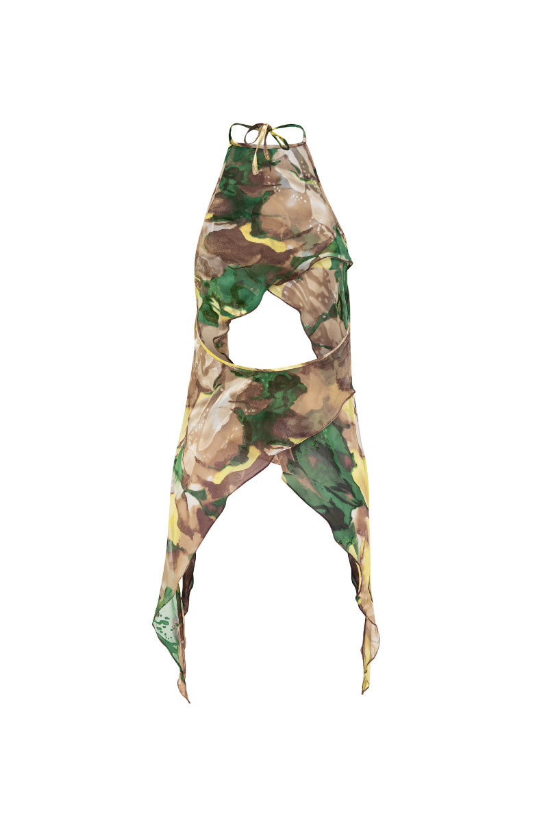 Suncillo floral halter top with vibrant flower patterns, sleeveless design, and tie-neck detail, perfect for summer wear.