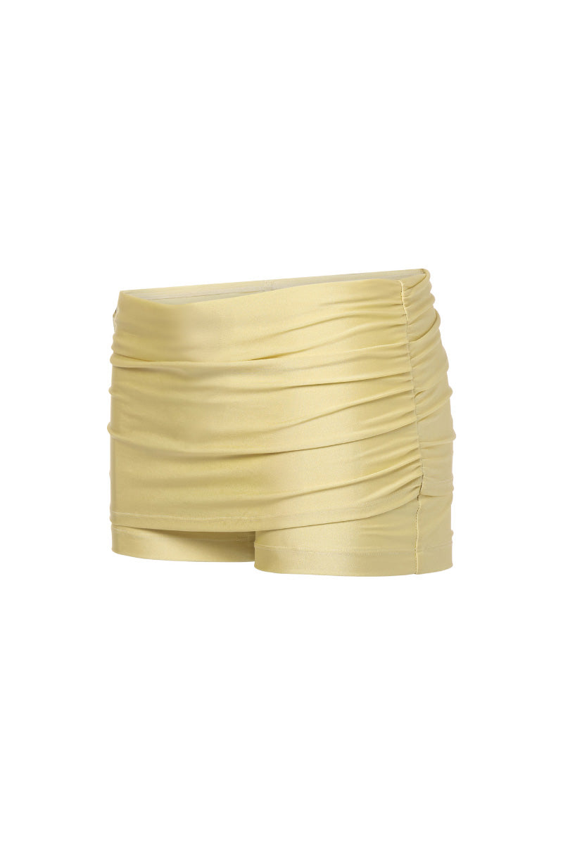 Suncillo dusty butter yellow skort shorts with a high waist and front pleats, casual summer fashion for women.