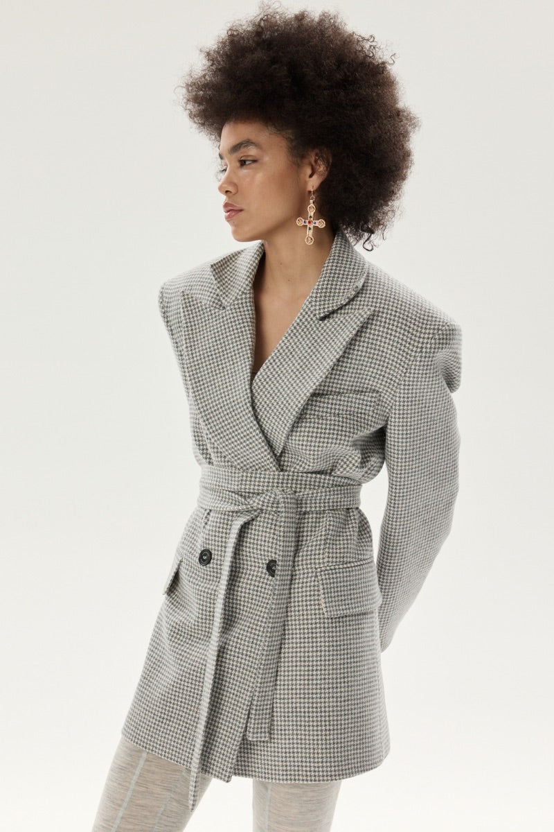 LARETAGGIO VARI wool gray blazer displayed on a hanger, showcasing tailored fit and classic lapel design.