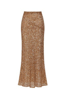Nazlı Ceren crochet maxi skirt in antique bronze with intricate crochet patterns and flowing design, shown in a full-length view.
