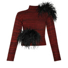 Lalo high neck sweater with multicolored feather details, featuring a cozy, stylish design and soft knit fabric.