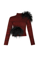 Lalo high neck sweater with multicolored feather details, featuring a cozy, stylish design and soft knit fabric.