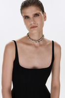 Black BALYKINA midi dress with thin straps, sleeveless design, and a fitted waist for a stylish, elegant look.