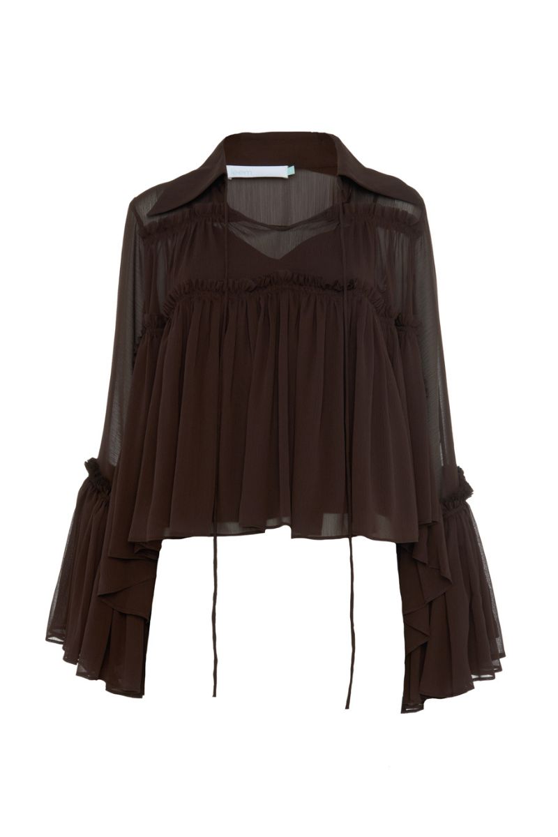 FLOATY RAW SEAM DETAIL TOP IN DARK BROWN - CULT MIA