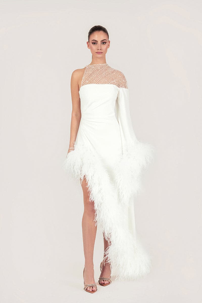 LUXURY FEATHER-TRIM CREPE MAXI DRESS - CULT MIA