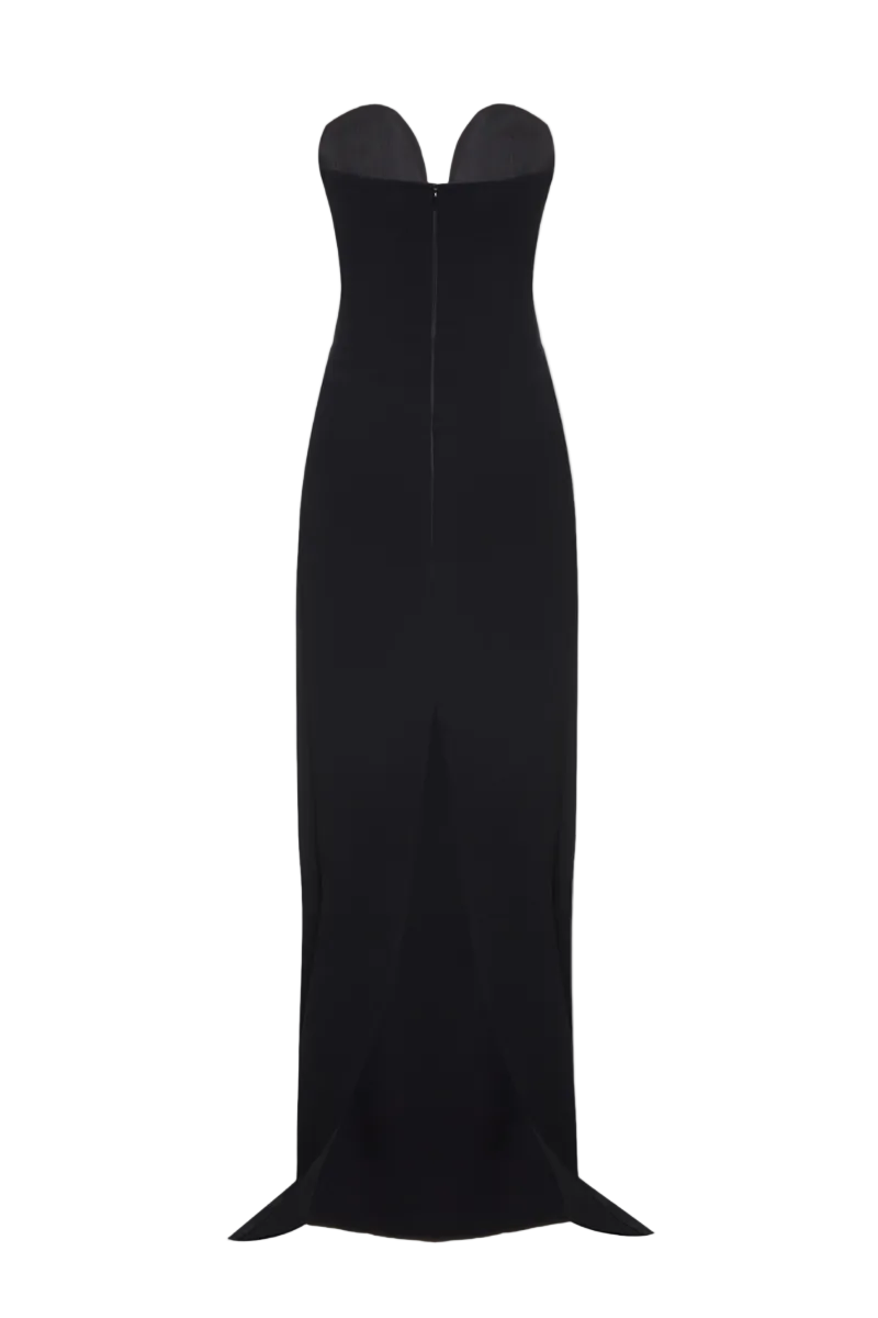 Black ARIA gown by BALYKINA, featuring elegant fabric and stylish design, displayed on a mannequin in the image.