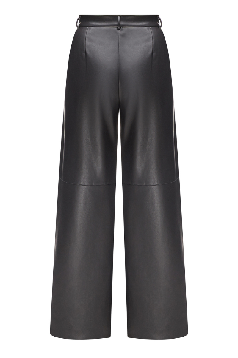 BLACK FAUX LEATHER WIDE LEG PANTS - CULT MIA