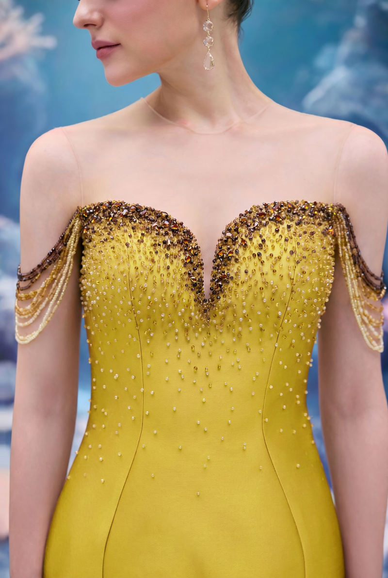 Yellow Celeste Royal Taffeta gown by 21Six, featuring elegant fabric and classic design, showcased in this full-length dress image.