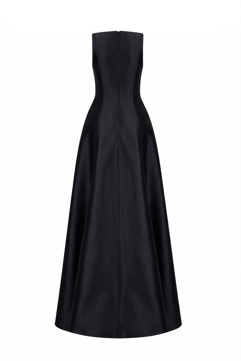 Black Evelina Royal Taffeta gown by 21Six, featuring elegant design and flowing fabric, perfect for formal occasions.