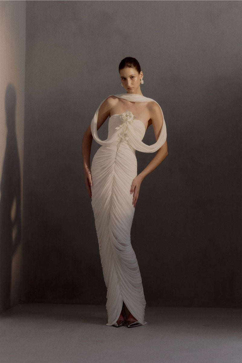 White Plan Sedley gown, elegant full-length dress with flowing fabric and classic design, perfect for formal occasions.