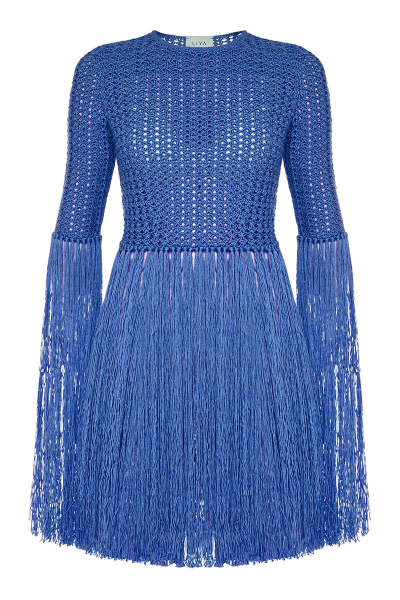 Liya blue fringe top featuring flowy fabric and stylish fringe details, perfect for casual or trendy outfits.