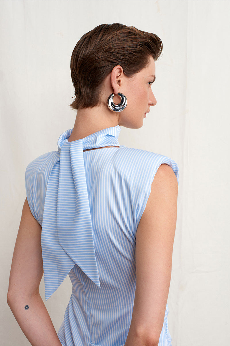 Blue Dragon Poplin Dress by Acaria Studio, a stylish mini dress with a vibrant dragon pattern and lightweight poplin fabric.