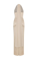Nazlı Ceren Clarine long maxi dress in Cuban sand fabric with flowing silhouette and elegant design, perfect for summer wear.