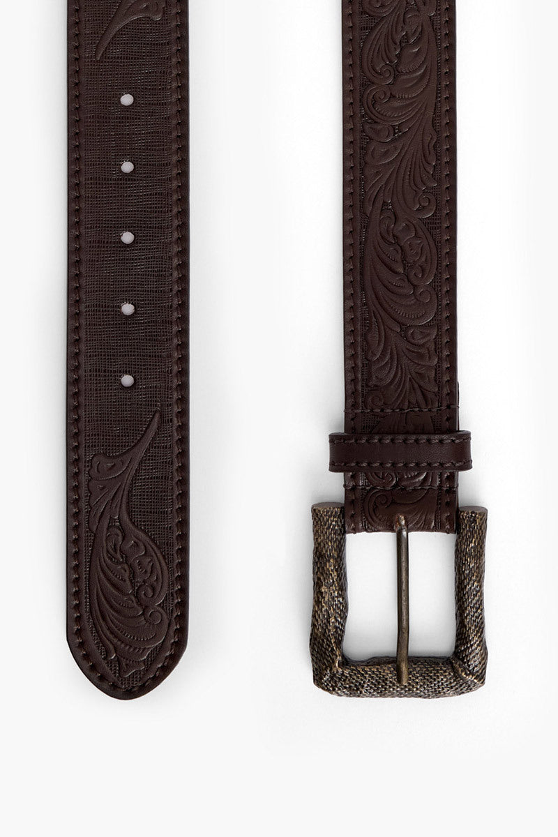 Acaria Studio brown leather belt with antique buckle, stylish accessory for men and women, featuring high-quality craftsmanship.