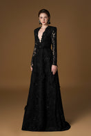 Black V-neck A-line lace gown with long sleeves from I.H.F, featuring intricate lace details and a flowing silhouette.