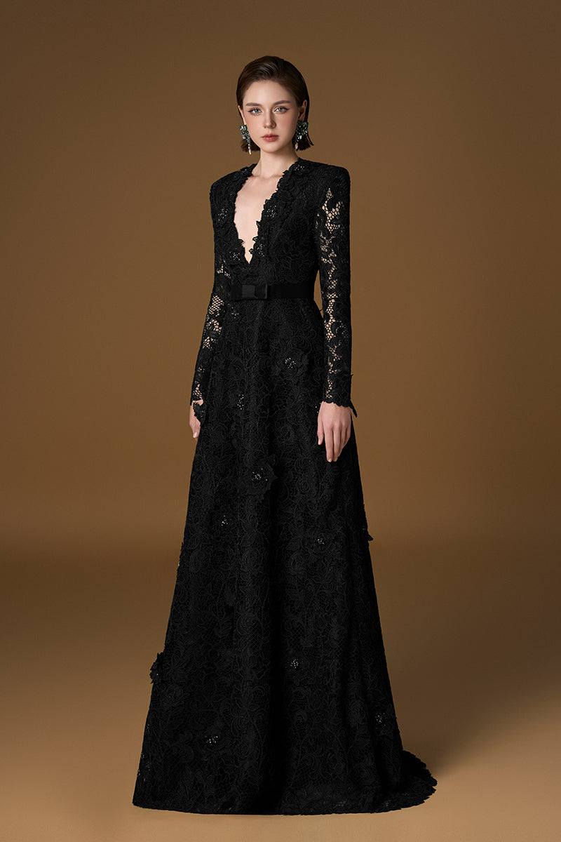 Black V-neck A-line lace gown with long sleeves from I.H.F, featuring intricate lace details and a flowing silhouette.
