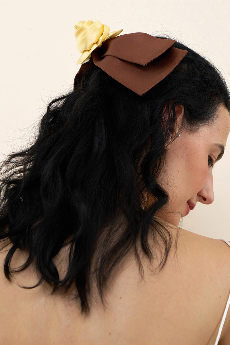 Two Tuscan Rose Bow silk hair clips from Not Just Pajama, featuring elegant pink silk bows for stylish hair accessories.