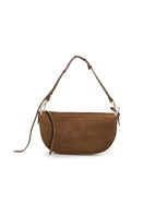 VIKELE STUDIO Denise mini shoulder bag in brown suede with sleek design and gold-toned hardware.