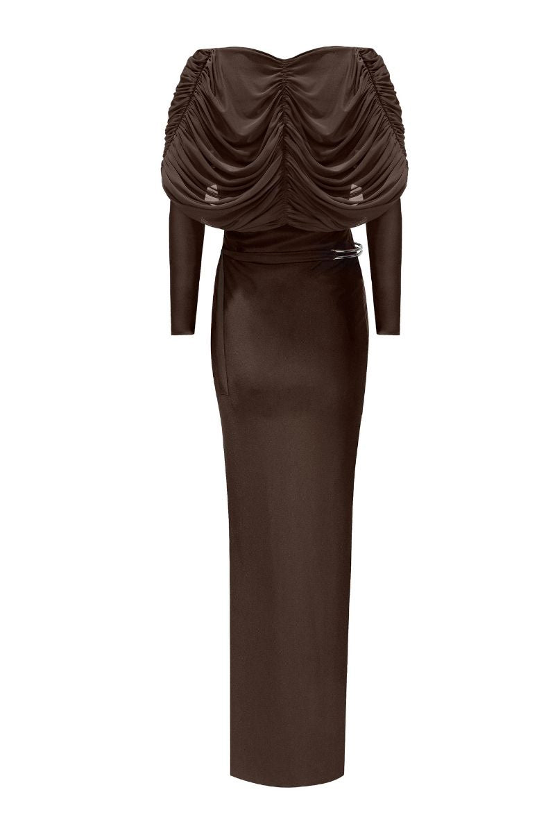 LEDIEL Dakota gown in taupe, elegant long dress with flowing fabric and subtle design details displayed in the image.