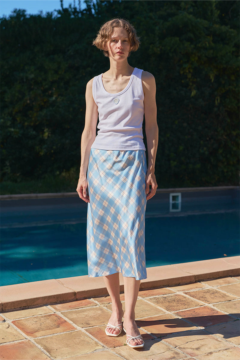 KIKI CAT 22 MOMME Mulberry Blue Silk Bias Midi Skirt by Not Just Pajama, shown in soft flowing fabric and elegant silhouette.
