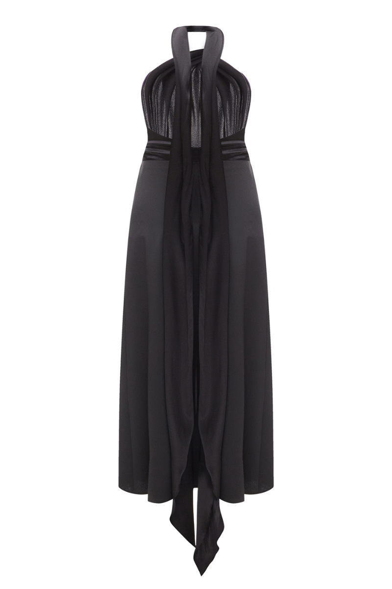 BLACK SILK AND WOOL MIDI DRESS - CULT MIA