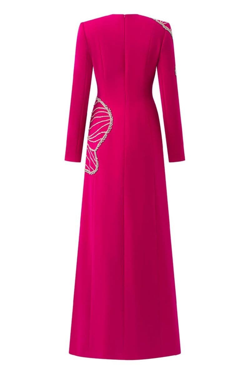 FUCHSIA PINK ROUND NECK CRYSTAL EMBELLISHED DRESS - CULT MIA