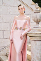 Elegant off-shoulder bamboo taffeta gown by Tracy Studio featuring a flowing silhouette and sophisticated design.