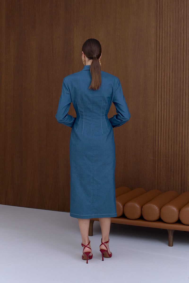 EDITH DENIM MIDI DRESS IN BLUE | CULT MIA